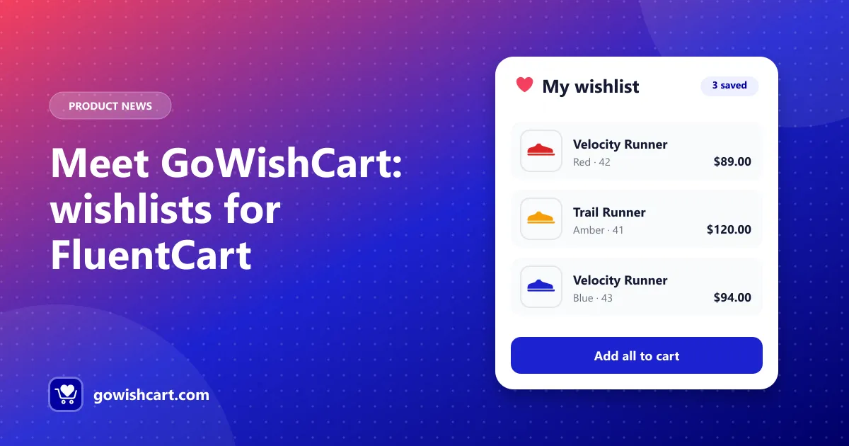 GoWishCart wishlist panel showing three saved running shoes in different colors